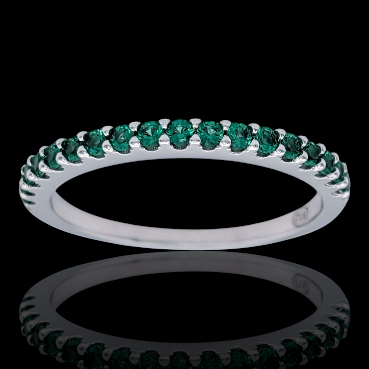 Bague demi-alliance en argent 925 rhodié et pierres vertes en verre