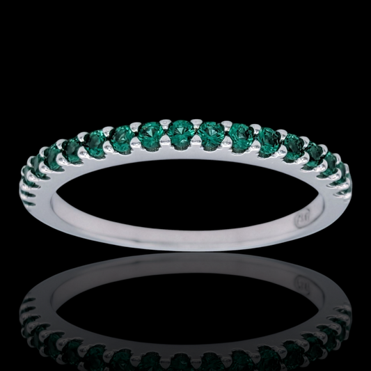 Bague demi-alliance en argent 925 rhodié et pierres vertes en verre