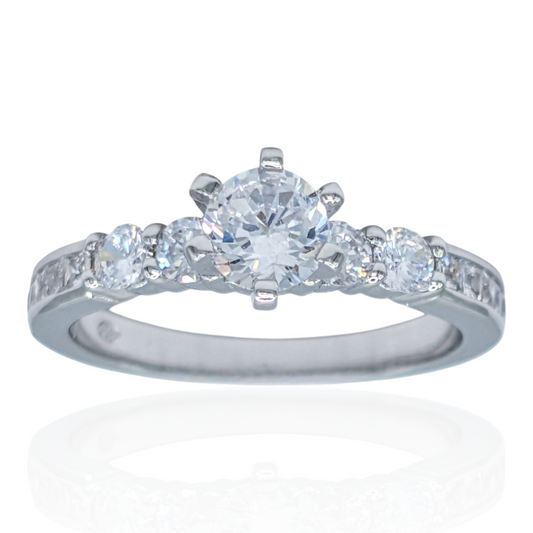 Bague solitaire en argent 925 rhodié et oxydes de zirconium blancs