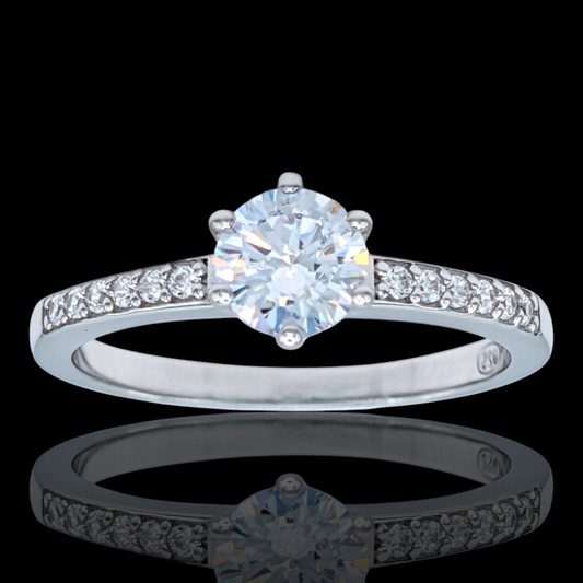 Bague solitaire en argent 925 rhodié et oxydes de zirconium blancs