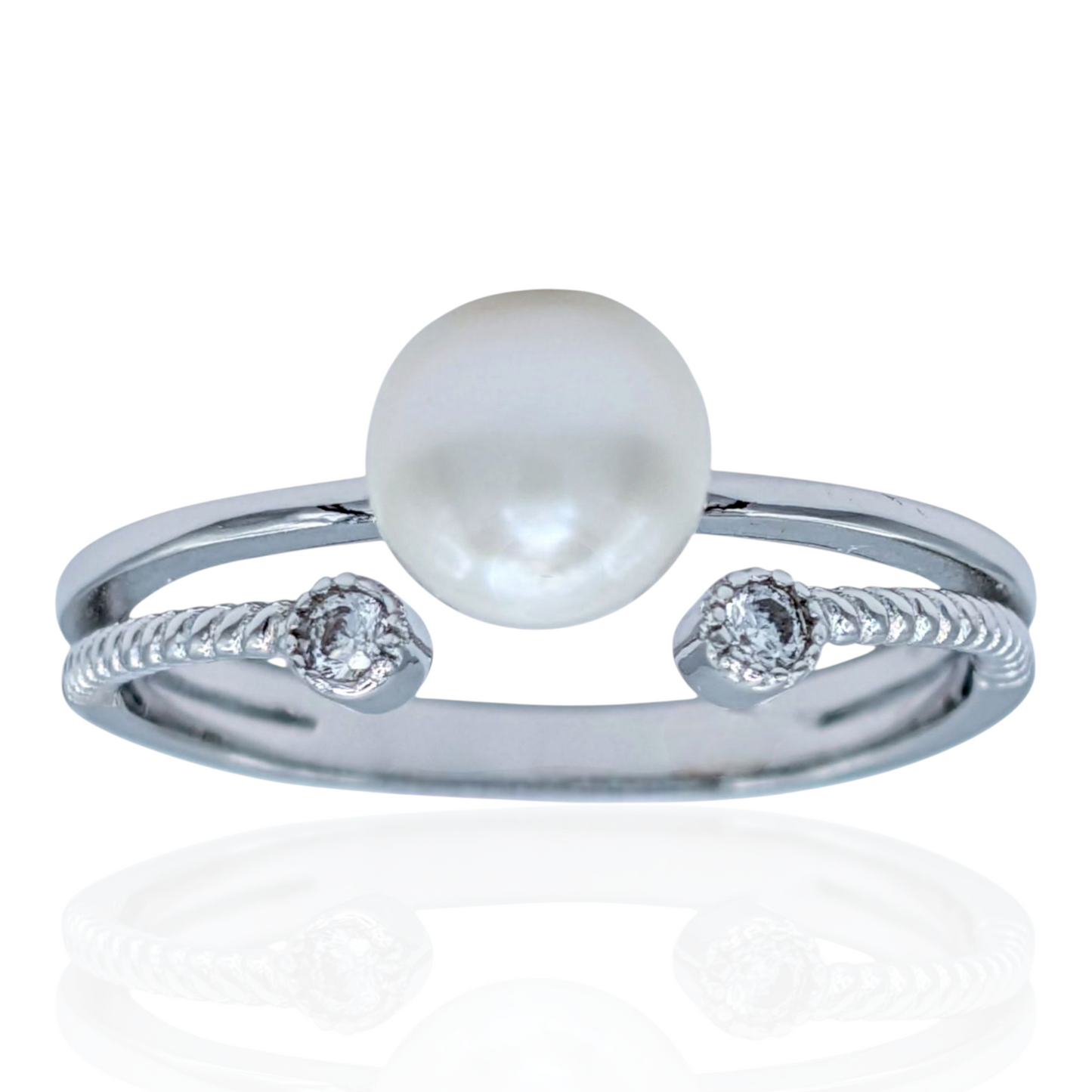 Bague argent 925 rhodié, perle et oxydes de zirconium blancs