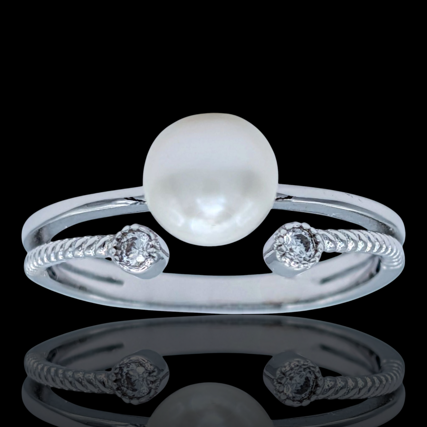 Bague argent 925 rhodié, perle et oxydes de zirconium blancs