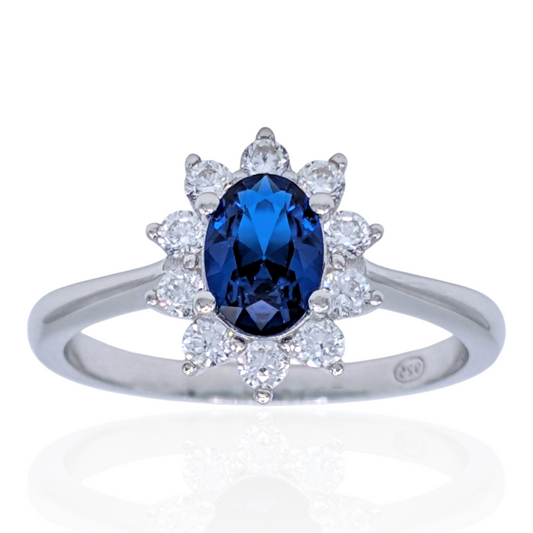 Bague Fleur Argent 925 Rhodié, Corindon Synthétique Bleu et Oxyde de Zirconium