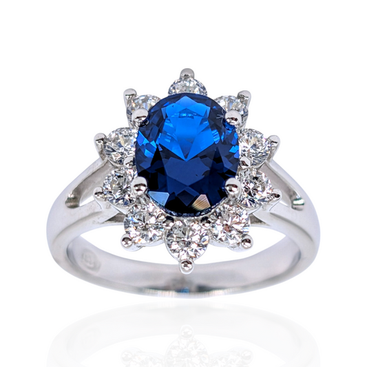 Bague Lady Argent 925 Rhodié Corindon Bleu Oxydes de Zirconium