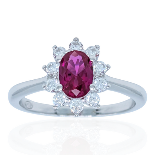Bague Fleur Argent 925 Rhodié, Corindon Synthétique Rouge Rubis et Oxyde de Zirconium