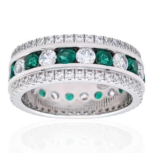Bague Éternité Argent 925 Rhodié Pierres Vertes et Oxydes de Zirconium