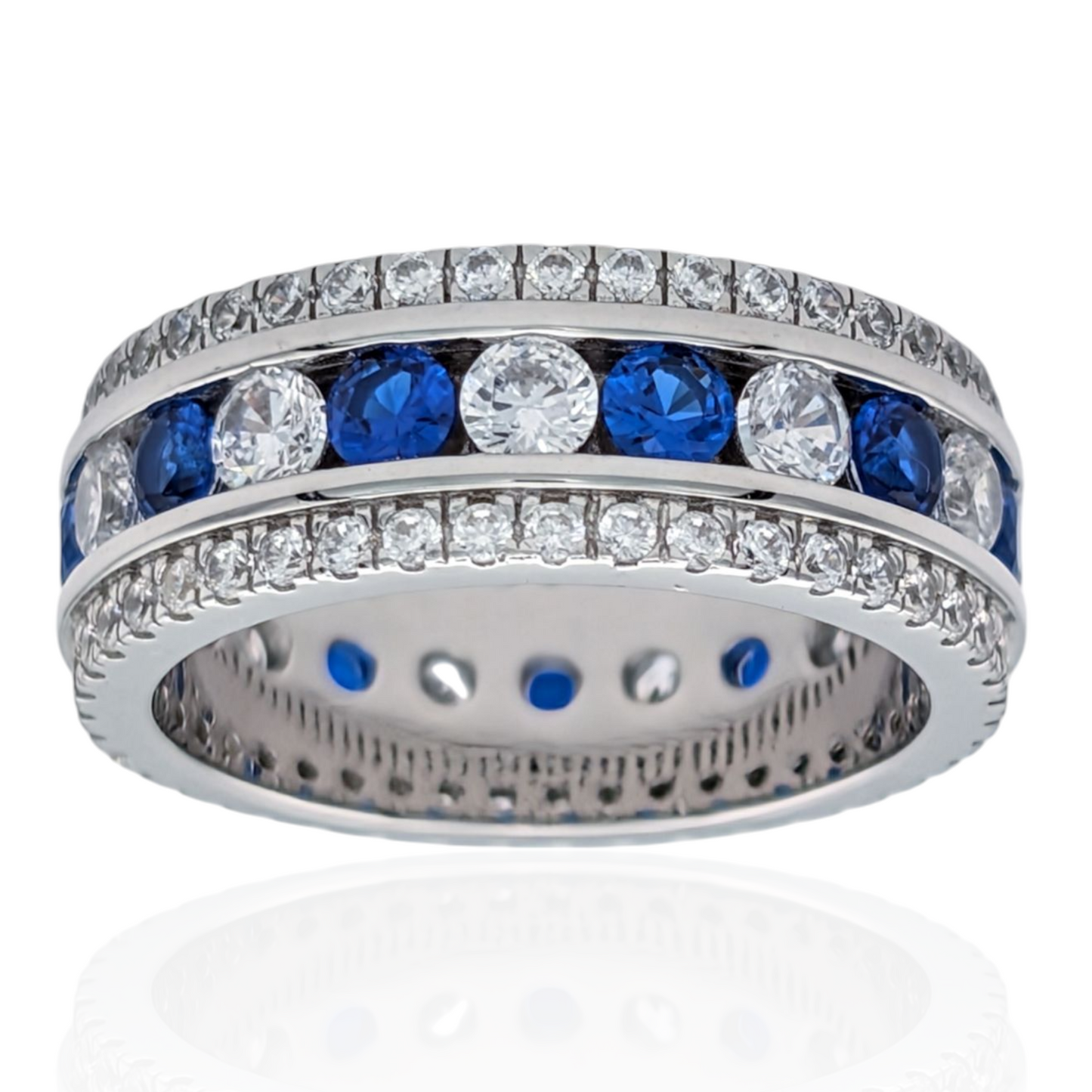 Bague Éternité Argent 925 Rhodié Corindon Bleu Oxydes de Zirconium