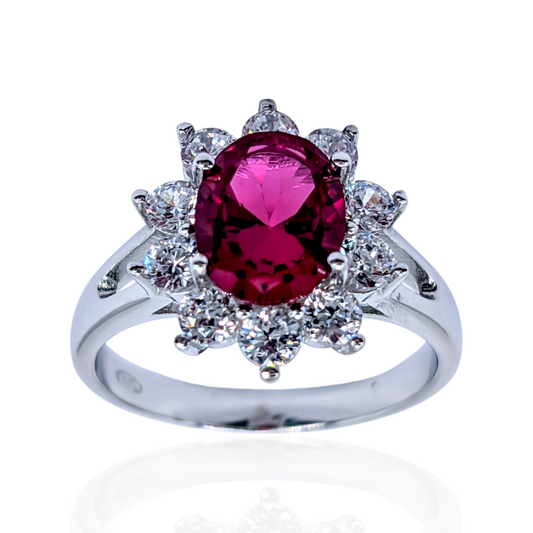 Bague Lady Argent 925 Rhodié Corindon Rouge Oxydes de Zirconium