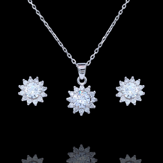 Parure Collier Boucles d'Oreilles Argent 925 Rhodié Soleil Oxyde Zirconium