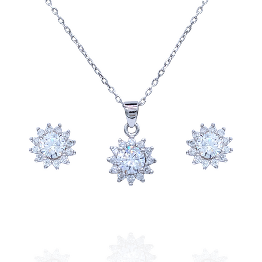 Parure Collier Boucles d'Oreilles Argent 925 Rhodié Soleil Oxyde Zirconium