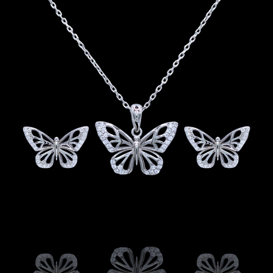 Parure Collier Boucles d'Oreilles Argent 925 Rhodié Papillon Oxyde Zirconium