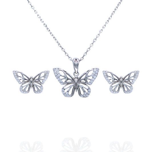 Parure Collier Boucles d'Oreilles Argent 925 Rhodié Papillon Oxyde Zirconium