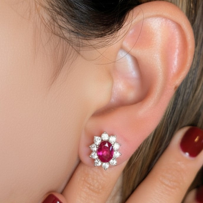 Boucles d'Oreilles Argent 925 Rhodié Corindon Rouge Oxyde de zirconium