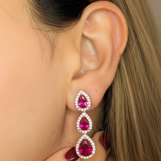 Boucles d'Oreilles Argent 925 Rhodié Pendantes Corindons Rouges