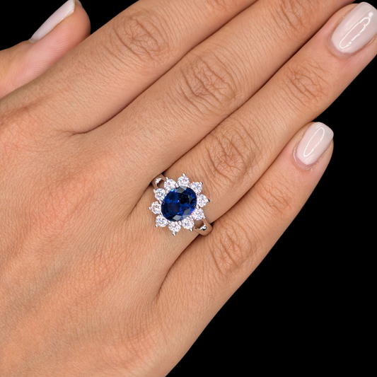 Bague Lady Argent 925 Rhodié Corindon Bleu Oxydes de Zirconium