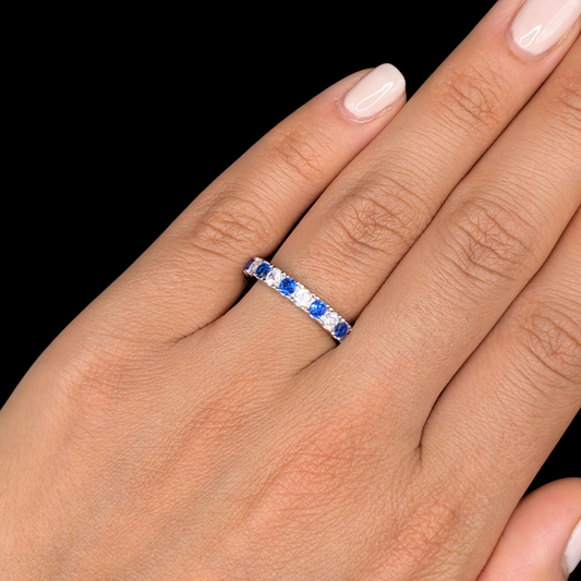 Bague Éternité Argent 925 Rhodié Corindon Bleu Oxydes de Zirconium