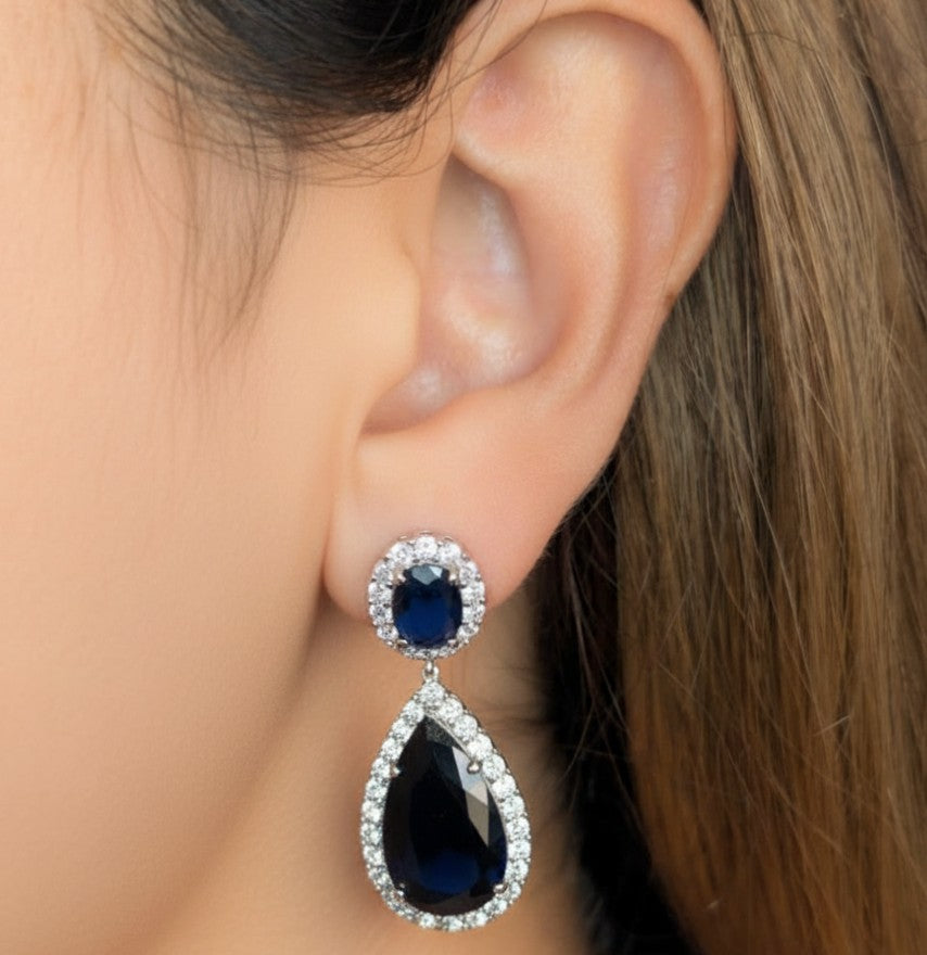 Boucles d'Oreilles Argent 925 Rhodié Pendantes Corindons Bleus Oxydes Zirconium
